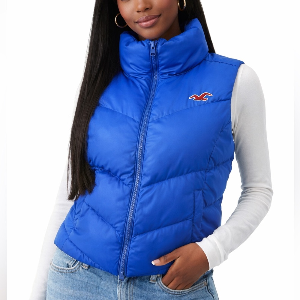 Hollister Down Puffer Vest Size Large Multi Zip Blue Seagull Logo - Picture 15 of 15
